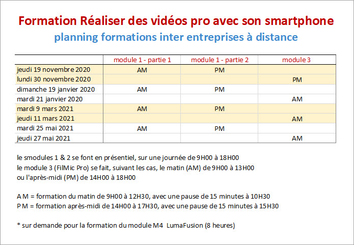 planning formations réaliser ses vidéos porfessionnelle avec son iPhone ou Android