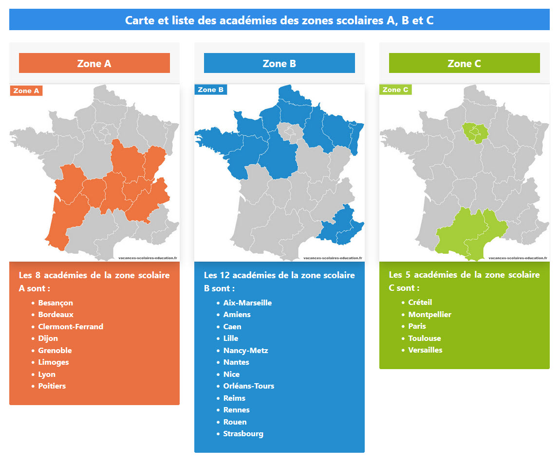 calendriers vacances scolaires des 3 zones 2022-2023